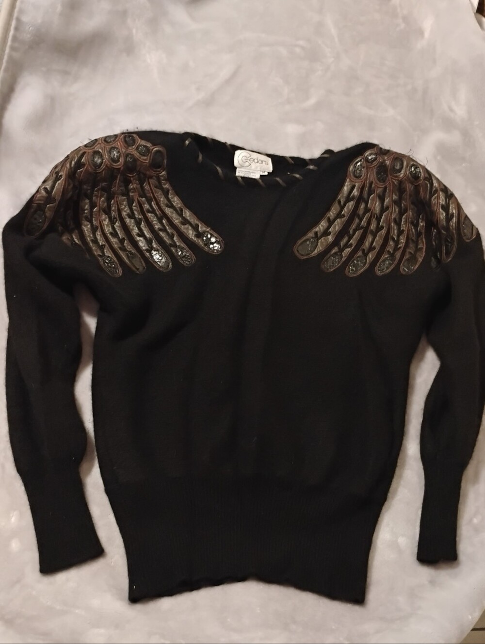 VTG 80s Cedars Lambswool Angora Sweater Leather Snakeskin Shoulders M
